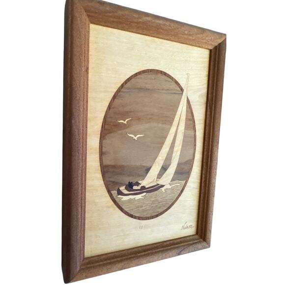 Hand Crafted Wood Inlay Sailboat Wall Hanging Art by Nelson Vintage - Picture 3 of 10